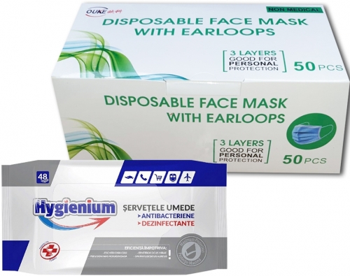 Pachet masca protectie respiratorie 50 buc/cutie + Servetele umede dezinfectante 48 buc/set Hygienium