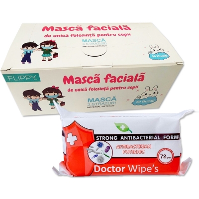 Pachet masca protectie pentru copii 50 buc/cutie + Servetele umede antibacteriene, 72 buc/set Doctor Wipes