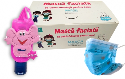Pachet Masca protectie respiratorie, pentru copii, de unica folosinta, 3 straturi, 50 buc/set + Gel antibacterian pentru maini, 50 ml, Filo HiGeen