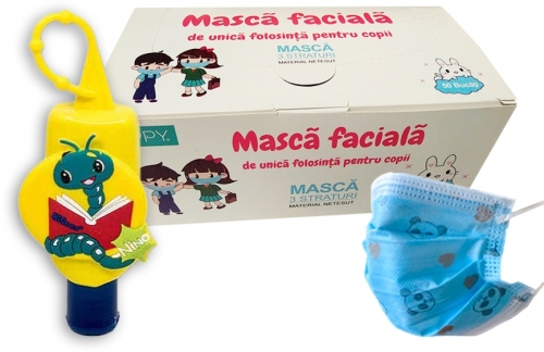 Pachet Masca protectie respiratorie, pentru copii, de unica folosinta, 3 straturi, 50 buc/set + Gel antibacterian pentru maini, 50 ml, Nino HiGeen