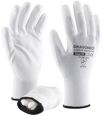 Manusi de asamblare din poliester cu palma imersata in PU, Alb, Dragonfly-V, Rock Safety