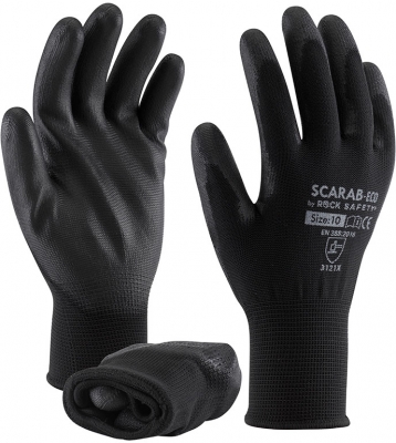Manusi de asamblare din poliester cu palma imersata in PU, versiune economica, Negru, Scarab-Eco-V, Rock Safety