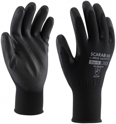 Manusi de asamblare din poliester cu palma imersata in PU, versiune economica, Negru, Scarab-Eco, Rock Safety