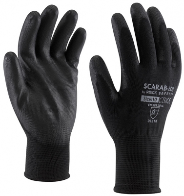 Manusi de asamblare din poliester cu palma imersata in PU, versiune economica, Negru, Scarab-Eco, Rock Safety