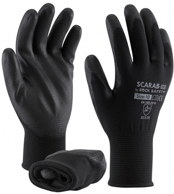 Manusi de asamblare din poliester cu palma imersata in PU, versiune economica, Negru, Scarab-Eco-V, Rock Safety