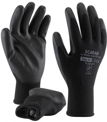 Manusi de asamblare din poliester cu palma imersata in PU, Negru, Scarab-V, Rock Safety 