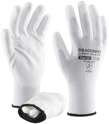 Manusi de asamblare din poliester cu palma imersata in PU, Alb, Dragonfly-V, Rock Safety