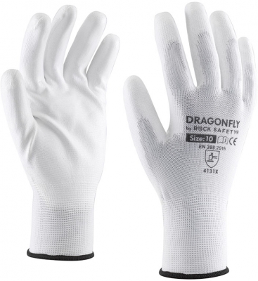 Manusi de asamblare din poliester cu palma imersata in PU, Alb, Dragonfly, Rock Safety