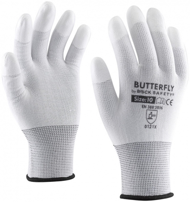 Manusi de asamblare din poliester cu varfurile degetelor imersate in PU, Alb, Butterfly, Rock Safety