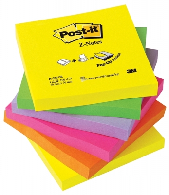 Notite adezive neon curcubeu Post-It Z-Notes 6 buc/set 76 mm x 76 mm, 600 file/cub 3M