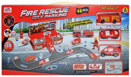Set de joaca Parcare cu masini de pompieri si accesorii, 46 piese/cutie