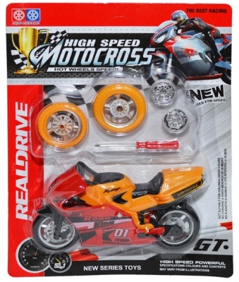 Motocicleta, cu piese de schimb, pe blister