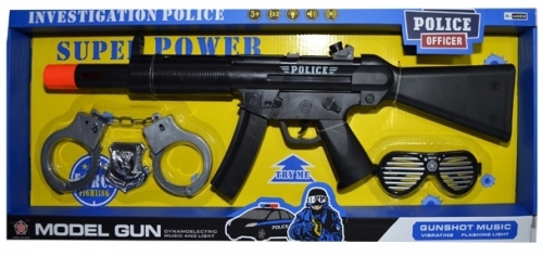 Jucarie Pistol mitraliera cu baterii si accesorii politie, in cutie 