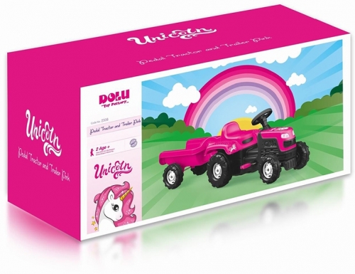 Tractor cu pedale si remorca, Unicorn, roz, 2508 Dolu