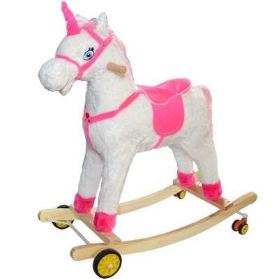 Unicorn balansoar din lemn si plus, cu rotile, alb cu roz, 77 cm 