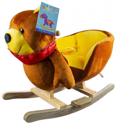 Ursulet balansoar pentru bebelusi, din lemn si plus, maro, 60 cm