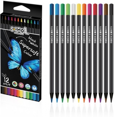 Creioane colorate super soft, lemn negru, S-Cool, 12 buc/set