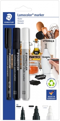 Set asortat markere cu vopsea negru si creta lichida alb Lumocolor 60 Staedtler
