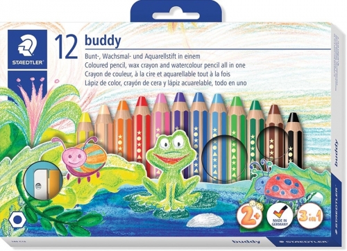 Creioane colorate 3 in 1 + ascutitoare Noris Buddy, 12 culori/set Staedtler