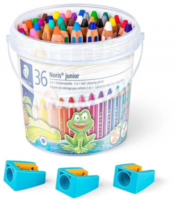 Creioane colorate 3 in 1 + 3 ascutitori Noris Junior, 2x18 culori/set Staedtler