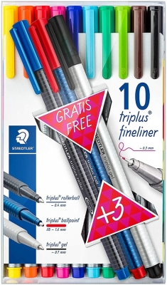 Fineliner Triplus 10 culori, 0.3 mm, cu 3 broadlinere, 0.8 mm, Staedtler