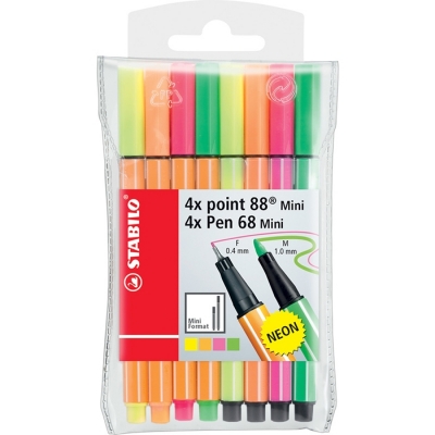 Fineliner Neon 4 x mini Point 88, 4 x Pen 68, 8 culori/set Stabilo 