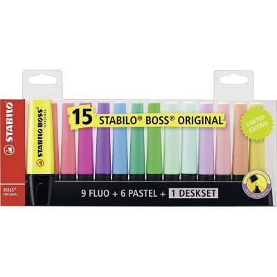 Textmarkere 15 culori, 9 fluorescente + 6 pastel, cu suport, Boss Original Stabilo