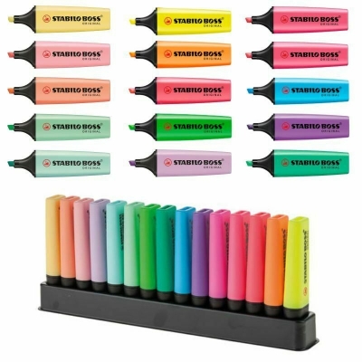 Textmarkere 15 culori, 9 fluorescente + 6 pastel, cu suport, Boss Original Stabilo