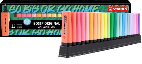 Textmarker STABILO BOSS Original Snooze, cu suport de birou, 23 culori/set