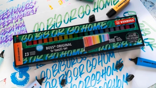 Textmarker STABILO BOSS Original Snooze, cu suport de birou, 23 culori/set