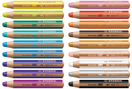 Creioane colorate  3 in 1 Woody 18 culori/set + ascutitoare si pensula Stabilo