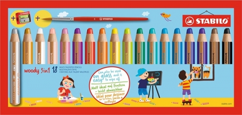 Creioane colorate  3 in 1 Woody 18 culori/set + ascutitoare si pensula Stabilo