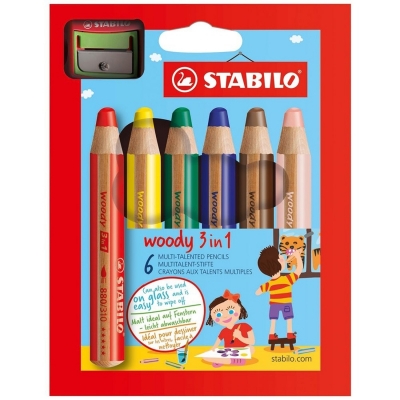 Creioane colorate Woody 3 in 1 + ascutitoare, 6 culori/set Stabilo