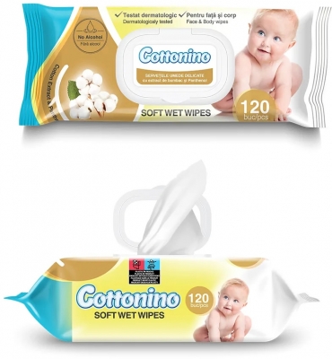 Servetele umede pentru bebelusi cu capac Cottonino, 120 bucati/pachet, diverse extracte