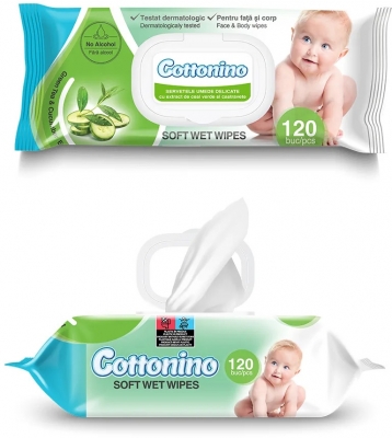 Servetele umede pentru bebelusi cu capac Cottonino, 120 bucati/pachet, diverse extracte