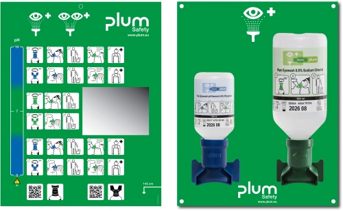 Statie pentru clatirea ochilor deschisa, cu solutie 200 ml pH Neutru 4.9 fosfat si 500 ml 0.9 clorura de sodiu, Plum