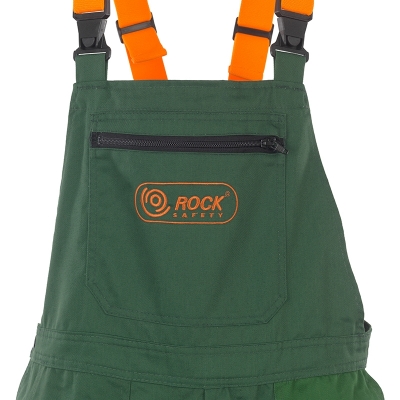 Pantaloni cu pieptar cu protectie impotriva ferastraului cu lant, verde / portocaliu, Woodcutter, Rock Safety
