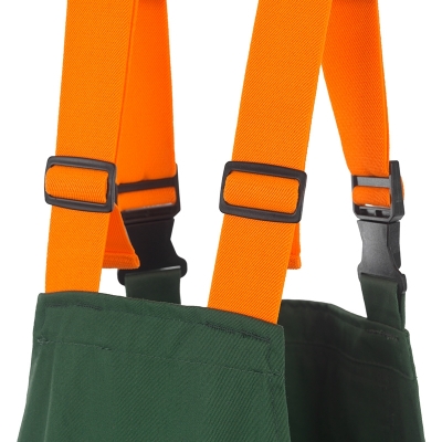 Pantaloni cu pieptar cu protectie impotriva ferastraului cu lant, verde / portocaliu, Woodcutter, Rock Safety