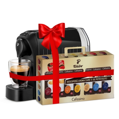 Espressor Tchibo Caffisimo Easy Black + Set capsule cafea Tchibo Cafissimo Clasic 7 cutii/set 