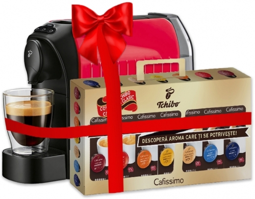 Tchibo Espressor Caffisimo Easy Red + Set capsule cafea Cafissimo Clasic 7 cutii/set TC517734