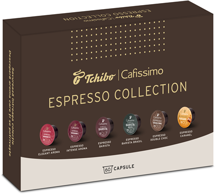 Pachet capsule cafea Tchibo Cafissimo Espresso Collection 6 cutii/set + cadou siropuri cafea amaretto 50ml si caramel 50ml, 5 to go 
