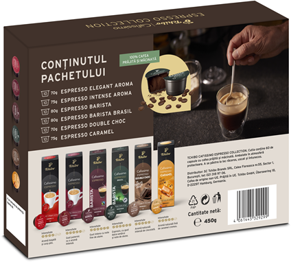 Pachet capsule cafea Tchibo Cafissimo Espresso Collection 6 cutii/set + cadou siropuri cafea amaretto 50ml si caramel 50ml, 5 to go 