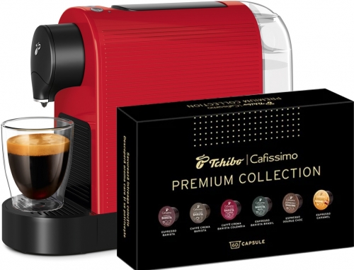 Espressor capsule Tchibo Cafissimo Pure Plus Red + set capsule cafea Tchibo Premium Collection 6 cutii/set