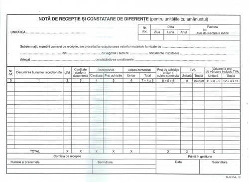 Nota de receptie si constatare diferente autocopiativa cu TVA A4 2 exemplare 100 file