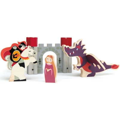 Set de joaca Printesa, Cavaler si Dragonul din lemn premium, 8 piese, Tender Leaf Toys