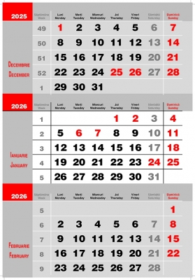 Calendar triptic doua culori, 33 x 48 cm, 12 file, 2026