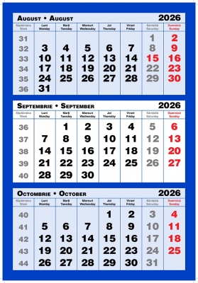 Calendar triptic trei culori, albastru, 33 x 48 cm, 12 file, 2026