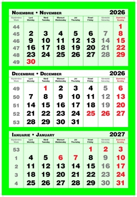 Calendar triptic trei culori, verde, 33 x 48 cm, 12 file, 2026