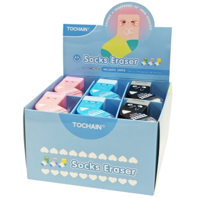 Radiera si ascutitoare Tochain, forma de soseta, diverse culori, 24 buc/display