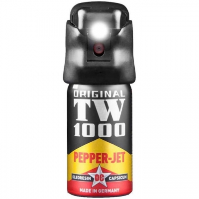 Spray cu piper pentru autoaparare, LED orbire, capac de siguranta tip flip-flop, TW1000, Jet Man, 40 ml